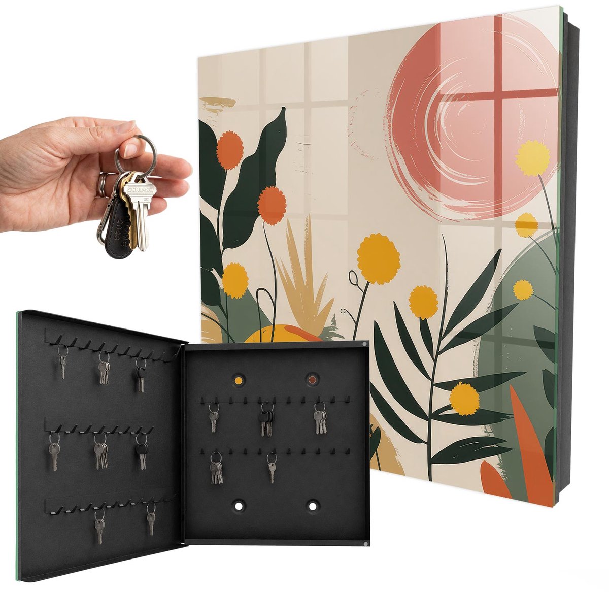 WallMuralia - Sleutelkast - 30x30x5 cm - met 50 haken - Kleurrijke Energie Sleutelkastje Hal - Beige Sleutelbox - Linksopenend - Zwart interieur