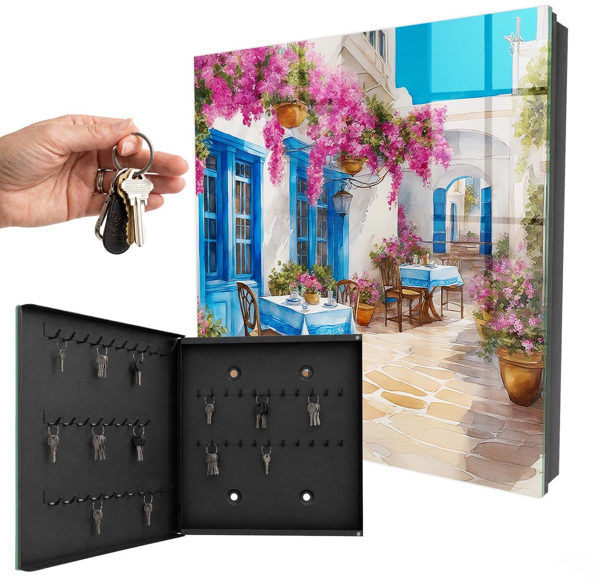 WallMuralia - Sleutelkast - 30x30x5 cm - met 50 haken - Bloemensteeg Sleutelkastje Landelijk - Blauw Sleutelbox - Linksopenend - Zwart interieur