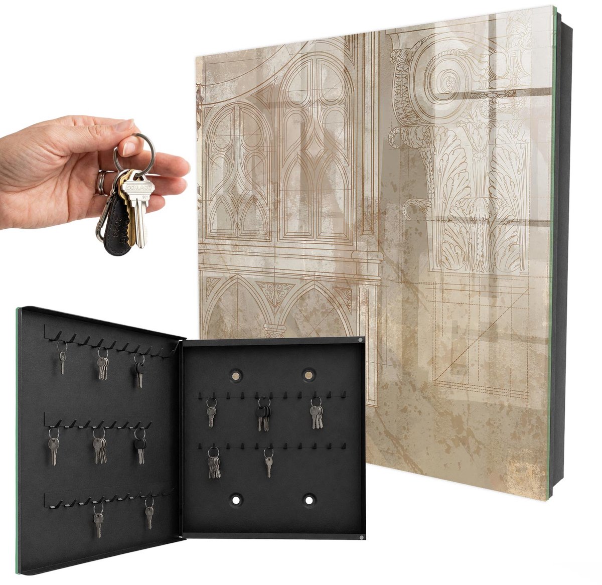 WallMuralia - Sleutelkast - 30x30x5 cm - met 50 haken - Oude Architectuur Sleutelkastje - Beige Sleutelbox - Linksopenend - Zwart interieur