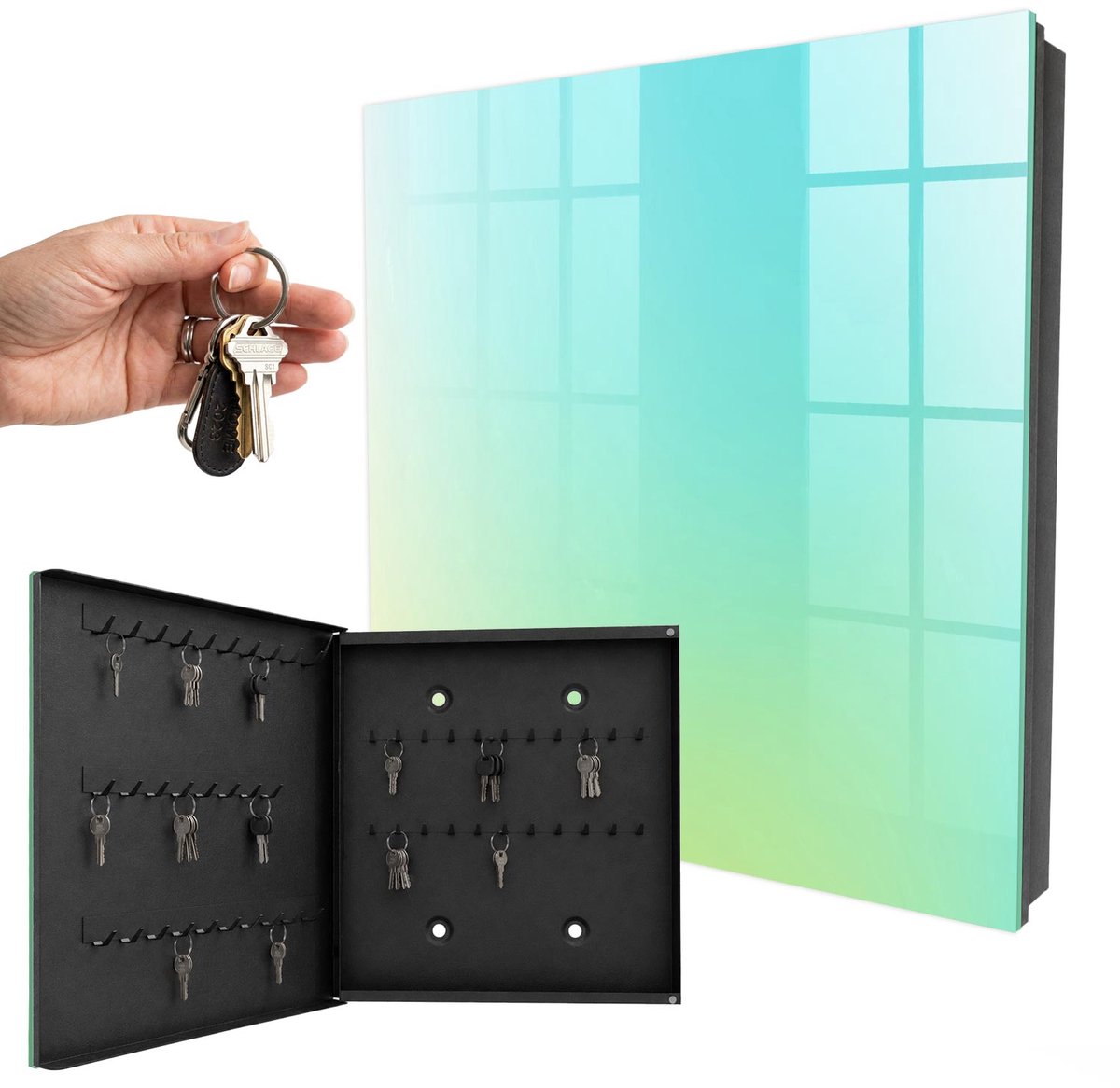WallMuralia - Sleutelkast - 30x30x5 cm - met 50 haken - Zomerse Frisheid Sleutelkastje Gang - Turkoois Sleutelbox - Linksopenend - Zwart interieur