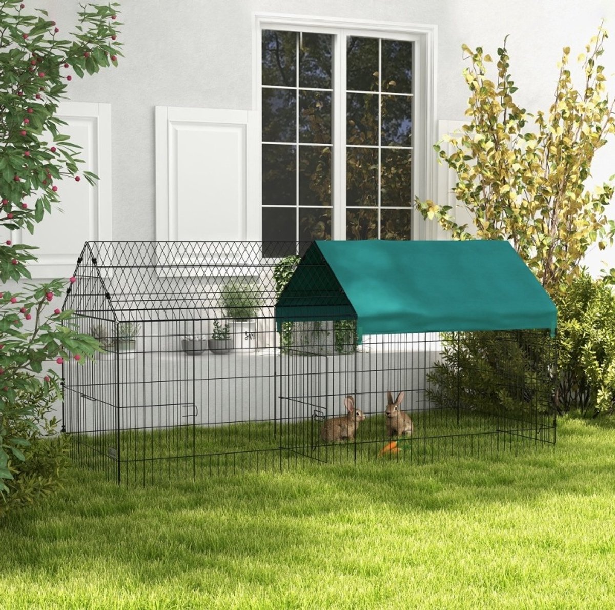 REDOM - Kleintiergehege - Met dak en 4 deuren - Open bodem - Weerbestendig - Voor kip en knaagdier - Staal en polyester - Groen en zwart - 220 x 85 x 103 cm