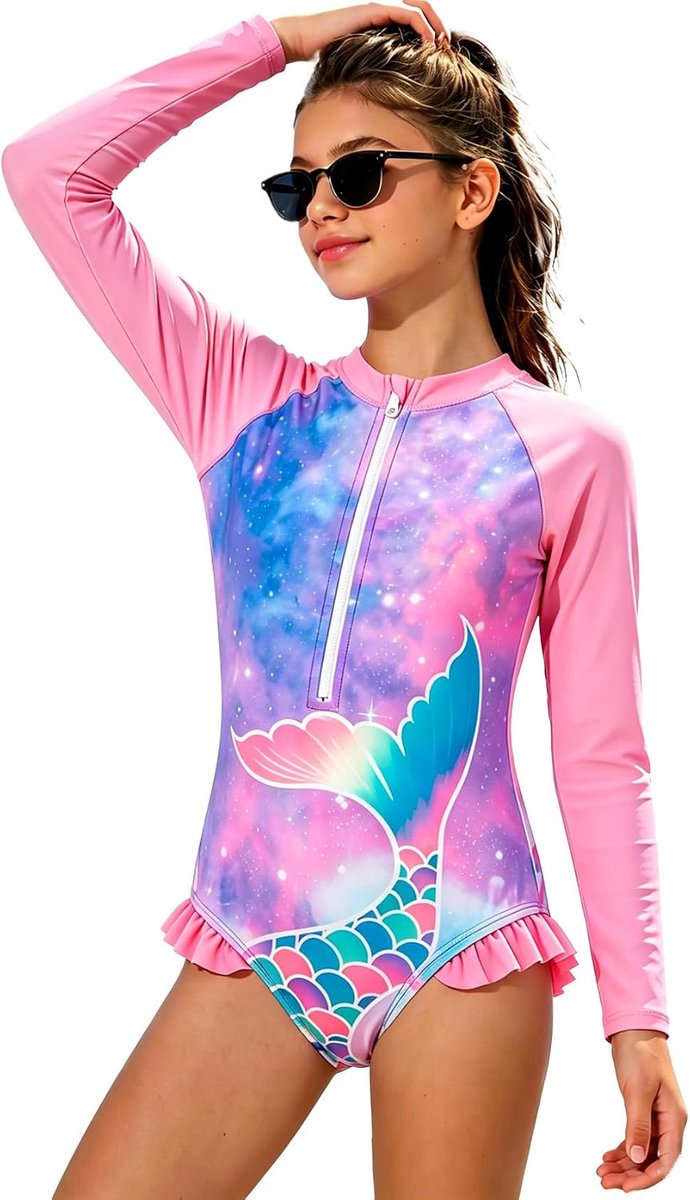 Meisjes Rash Guard Badpak Lange Mouw Een Stuk Uv Zonbescherming Zip