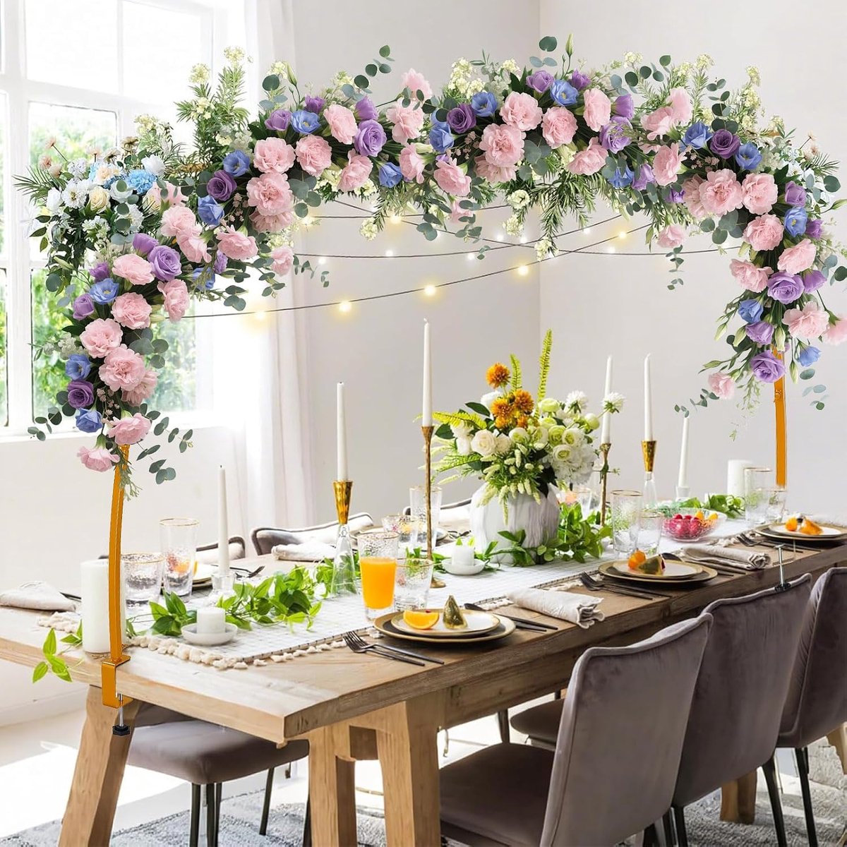 tafelboog, decoratieve tafelstang met klemmen, 260-300 cm, metalen stang om op te hangen aan tafel, gouden tafelboog voor Kerstmis, bruiloft, verjaardag, feestdecoratie (halfrond)