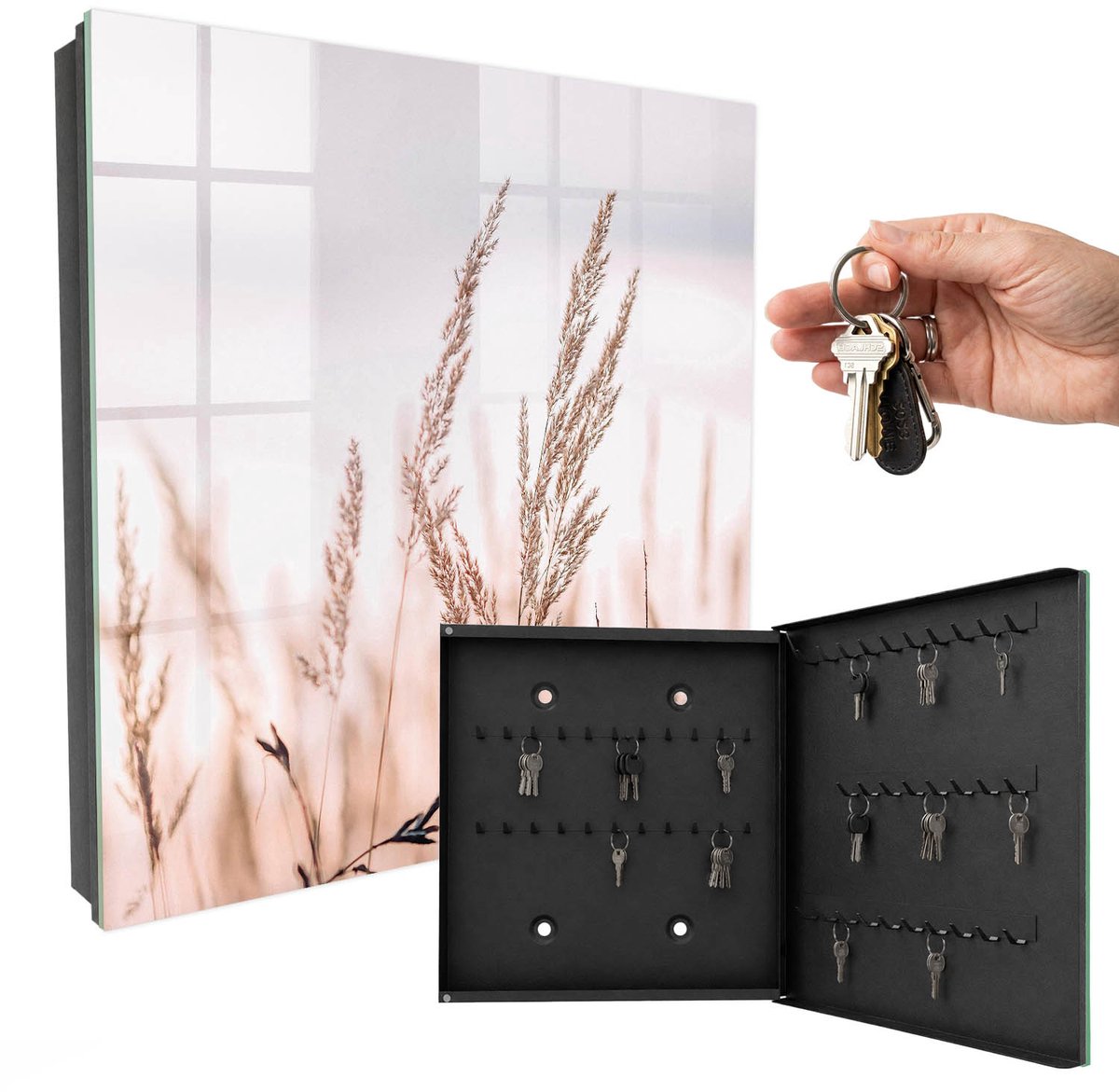 WallMuralia - Sleutelkast - 30x30x5 cm - met 50 haken - Weide Elegantie Sleutelkastje Binnen - Beige Sleutelbox - Rechtsopenend - Zwart interieur