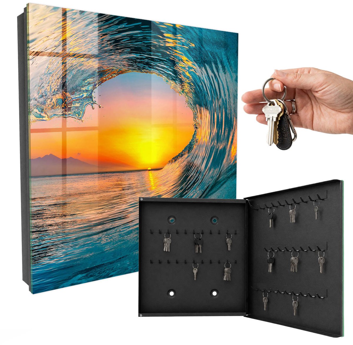 WallMuralia - Sleutelkast - 30x30x5 cm - met 50 haken - West Wave Sleutelkastje Design - Turkoois Sleutelbox - Rechtsopenend - Zwart interieur