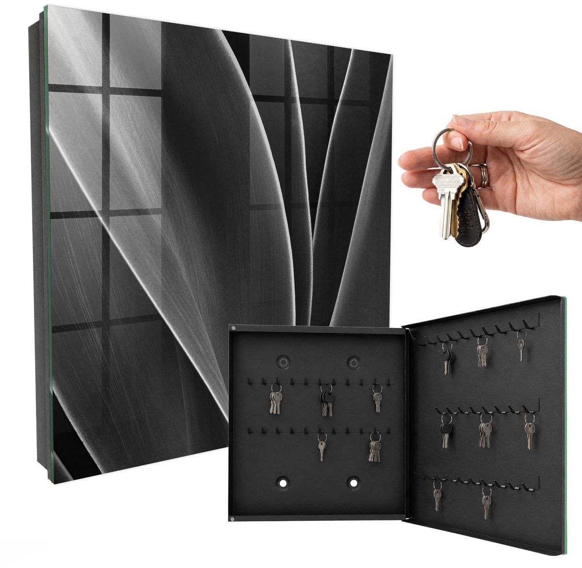 WallMuralia - Sleutelkast - 30x30x5 cm - met 50 haken - Abstracte Bladeren Sleutelkastje Gang - Grijs Sleutelbox - Rechtsopenend - Zwart interieur