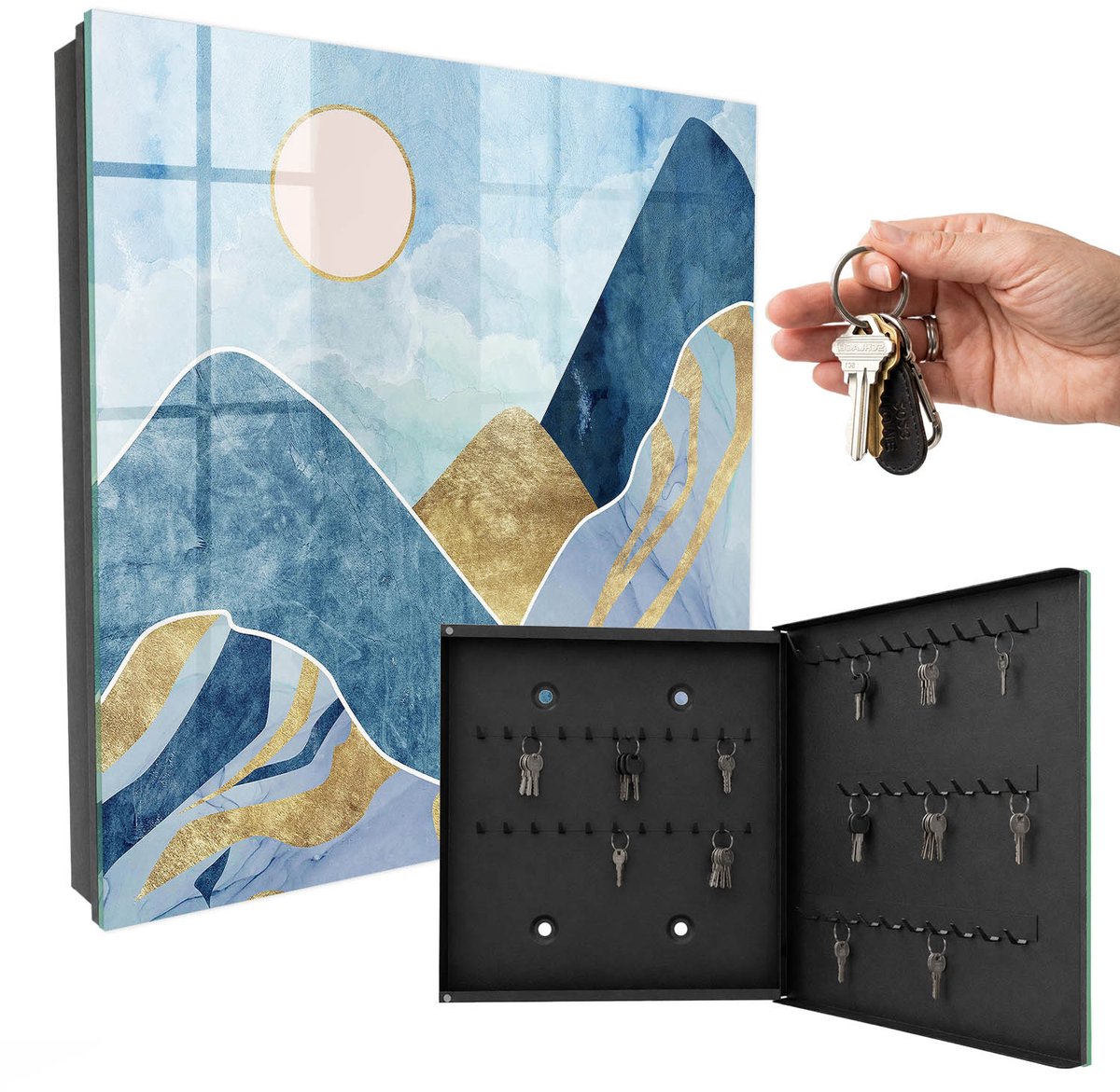 WallMuralia - Sleutelkast - 30x30x5 cm - met 50 haken - Berglandschap Sleutelkastje Binnen - Blauw Sleutelbox - Rechtsopenend - Zwart interieur