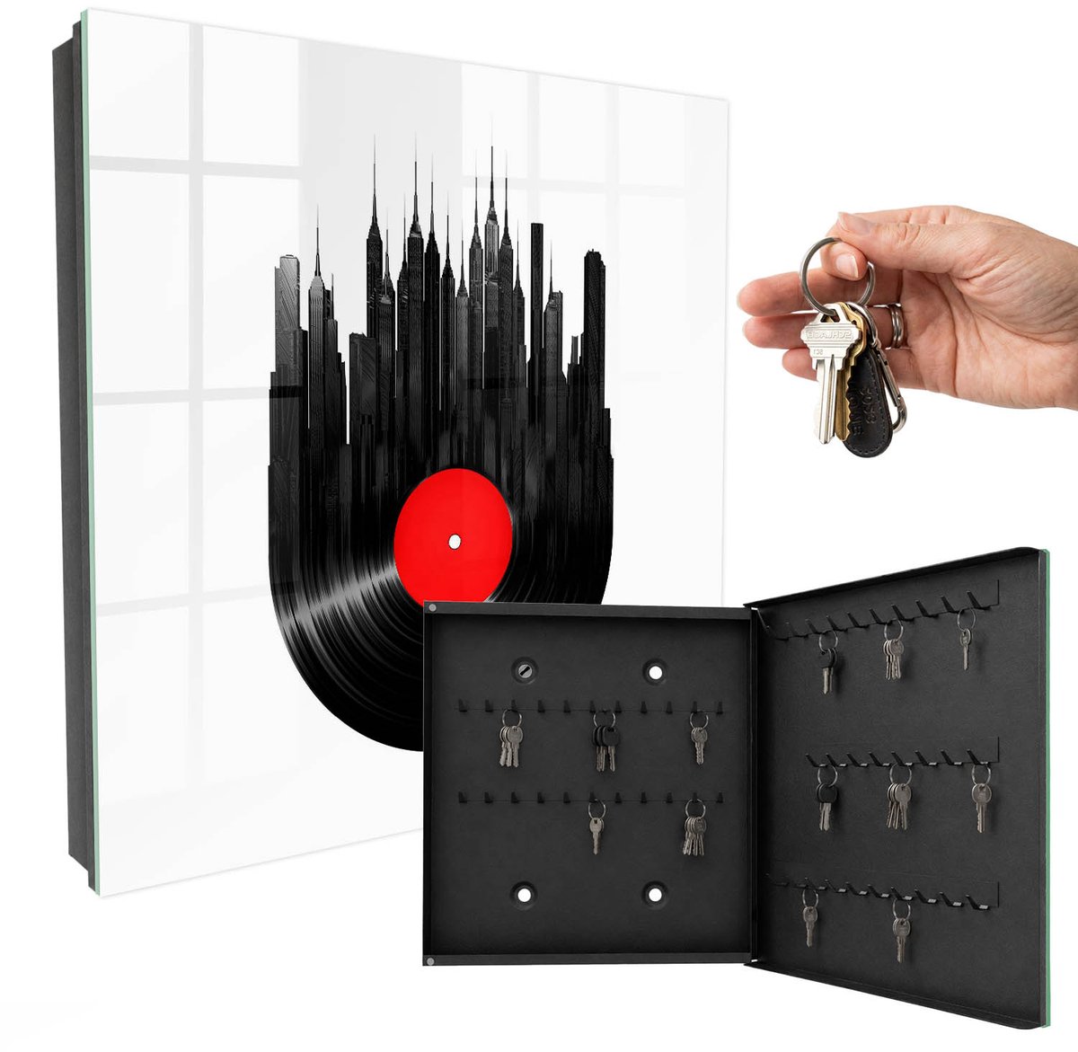 WallMuralia - Sleutelkast - 30x30x5 cm - met 50 haken - Muziek Van De Stad Sleutelkastje Muur - Zwart Sleutelbox - Rechtsopenend - Zwart interieur