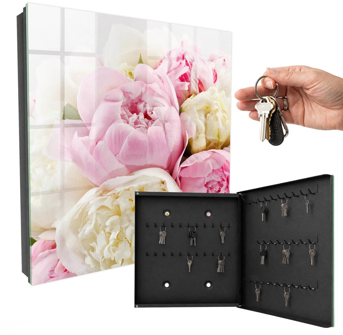 WallMuralia - Sleutelkast - 30x30x5 cm - met 50 haken - Pastelkleurige Bloemen Sleutelkastje Voor Binnen - Roze Sleutelbox - Rechtsopenend - Zwart interieur