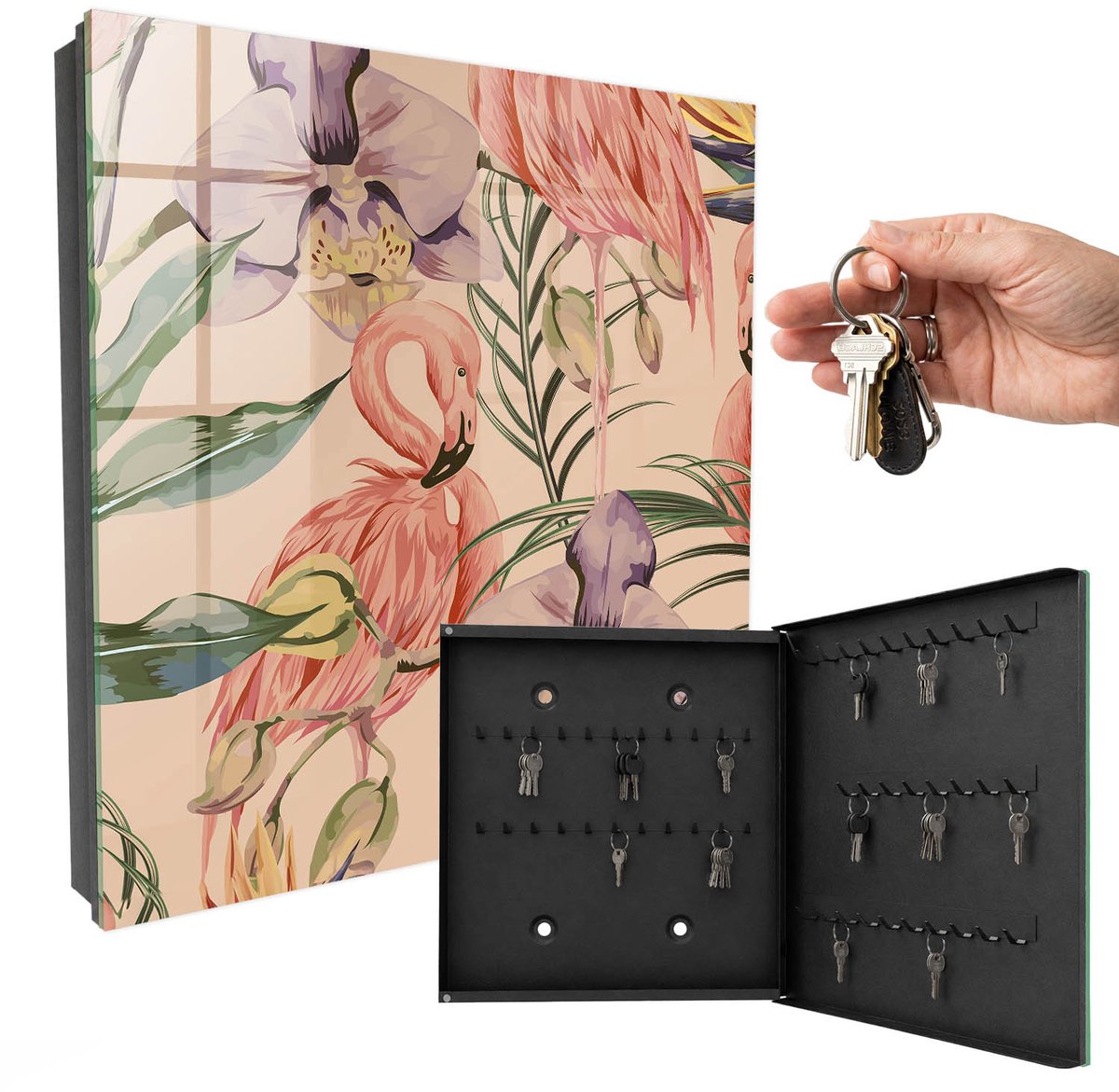 WallMuralia - Sleutelkast - 30x30x5 cm - met 50 haken - Exotische Elegantie Sleutelkastje Design - Roze Sleutelbox - Rechtsopenend - Zwart interieur