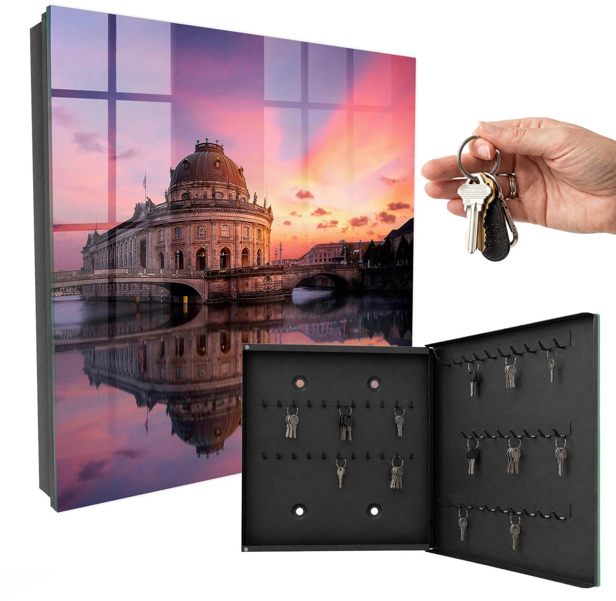 WallMuralia - Sleutelkast - 30x30x5 cm - met 50 haken - Stedelijk Westen Sleutelkastje Voor Binnen - Roze Sleutelbox - Rechtsopenend - Zwart interieur