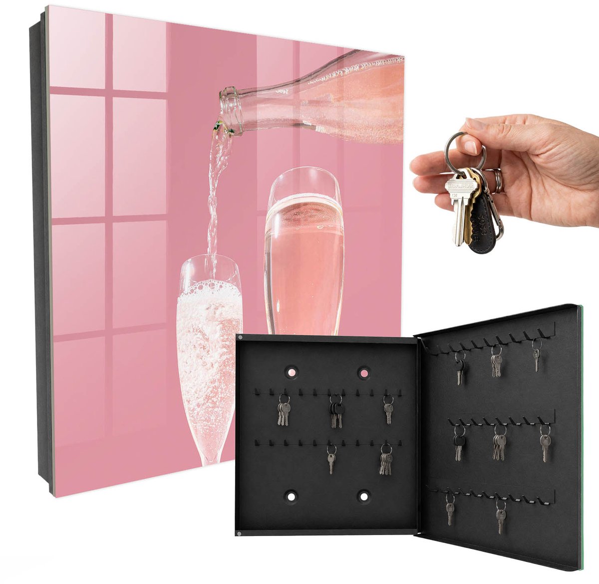 WallMuralia - Sleutelkast - 30x30x5 cm - met 50 haken - Champagneglazen Sleutelkastje Modern - Roze Sleutelbox - Rechtsopenend - Zwart interieur