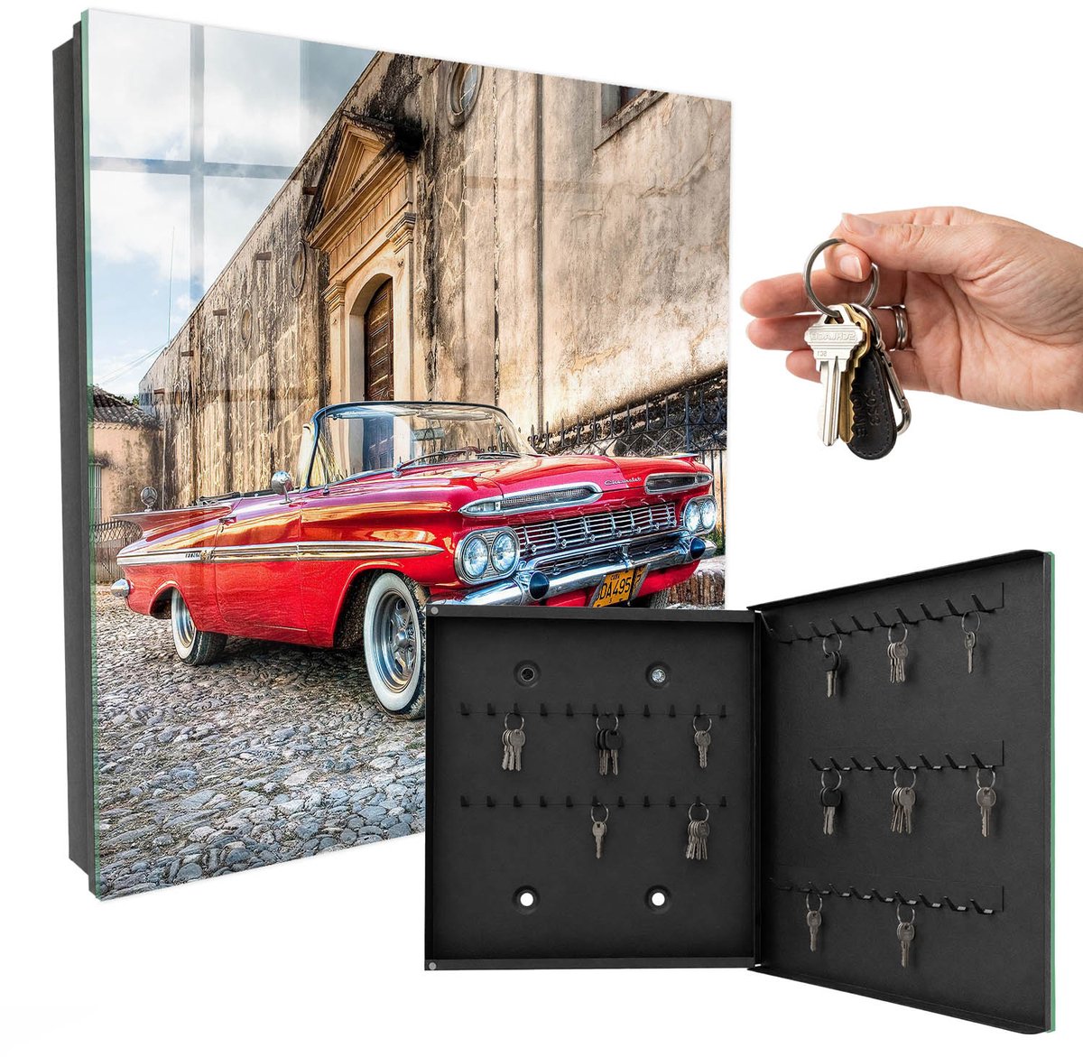 WallMuralia - Sleutelkast - 30x30x5 cm - met 50 haken - Retro Auto Sleutelkastje Voor Binnen - Rood Sleutelbox - Rechtsopenend - Zwart interieur