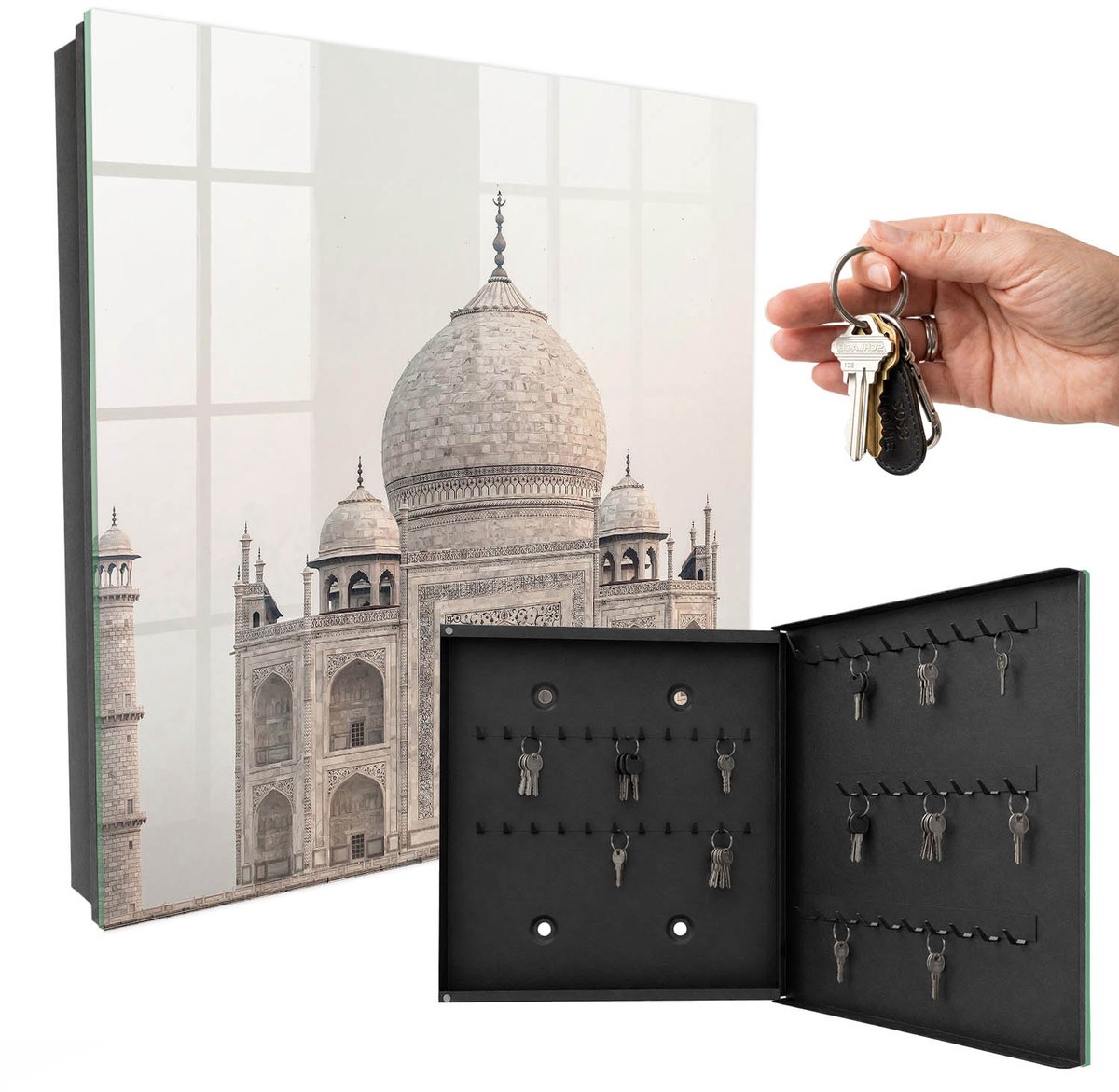WallMuralia - Sleutelkast - 30x30x5 cm - met 50 haken - Een Majestueus Gebouw Sleutelkastje Voor Binnen - Beige Sleutelbox - Rechtsopenend - Zwart interieur