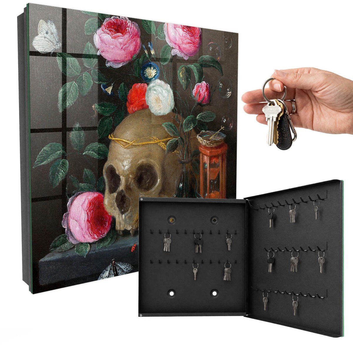 WallMuralia - Sleutelkast - 30x30x5 cm - met 50 haken - Schedel En Bloemen Sleutelkastje Hal - Groente Sleutelbox - Rechtsopenend - Zwart interieur