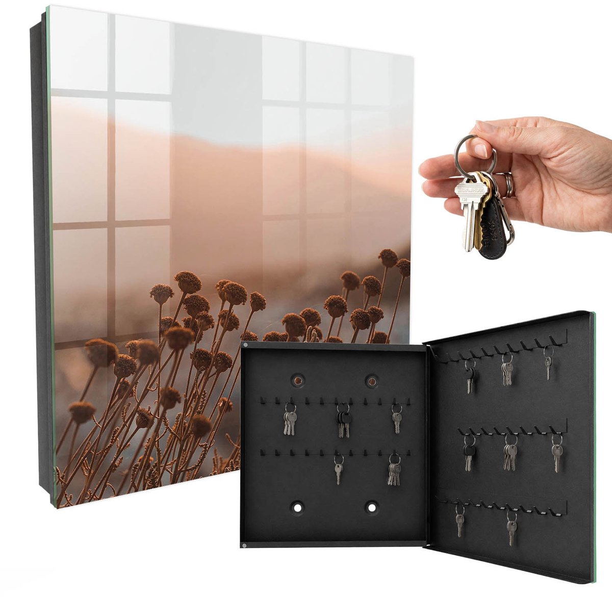 WallMuralia - Sleutelkast - 30x30x5 cm - met 50 haken - Herfstlandschap Sleutelkastje - Bruin Sleutelbox - Rechtsopenend - Zwart interieur