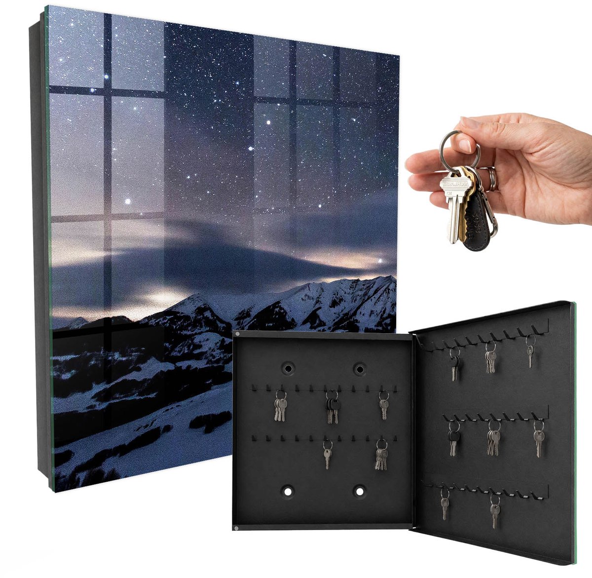 WallMuralia - Sleutelkast - 30x30x5 cm - met 50 haken - Nachtbergen Leuk Sleutelkastje - Blauw Sleutelbox - Rechtsopenend - Zwart interieur