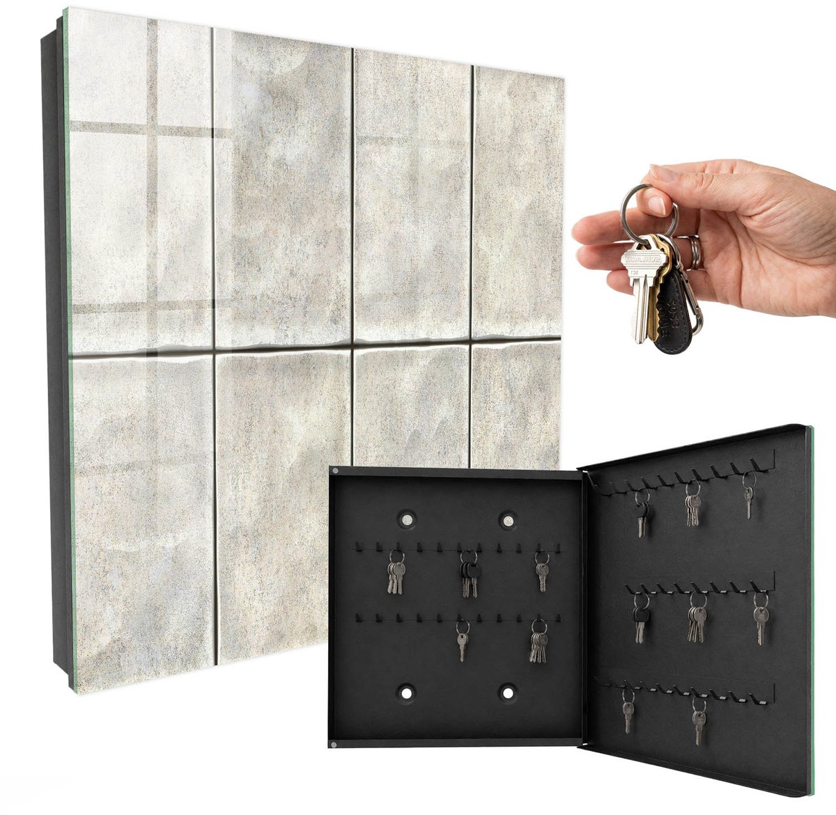 WallMuralia - Sleutelkast - 30x30x5 cm - met 50 haken - Moderne Elegantie Sleutelkastje Muur - Beige Sleutelbox - Rechtsopenend - Zwart interieur