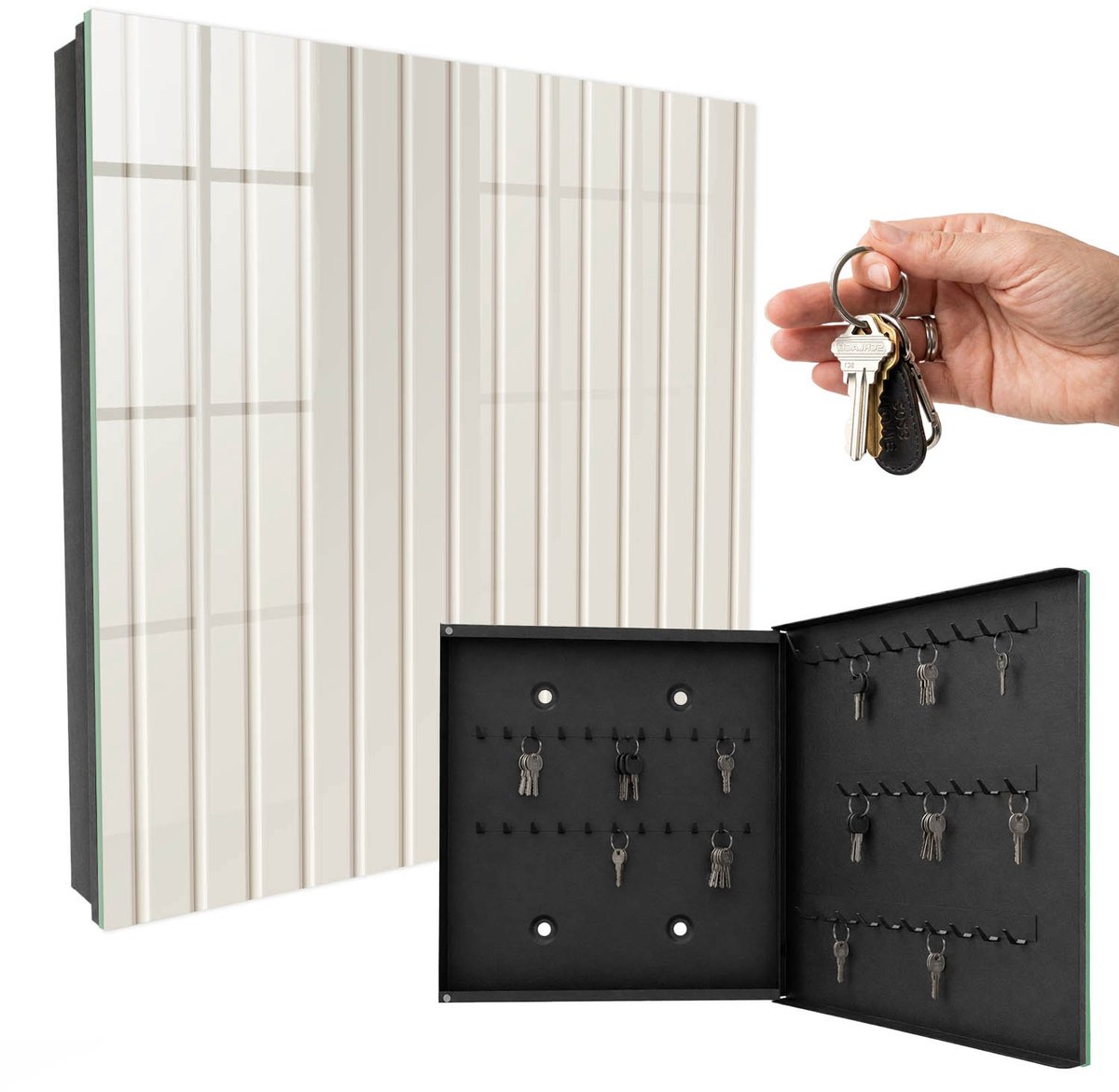 WallMuralia - Sleutelkast - 30x30x5 cm - met 50 haken - Verticale Strepen Sleutelkastje Gang - Beige Sleutelbox - Rechtsopenend - Zwart interieur