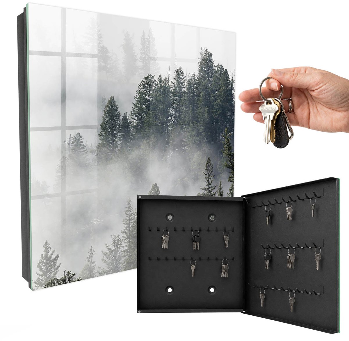WallMuralia - Sleutelkast - 30x30x5 cm - met 50 haken - Nevelbos Sleutelkastje - Grijs Sleutelbox - Rechtsopenend - Zwart interieur