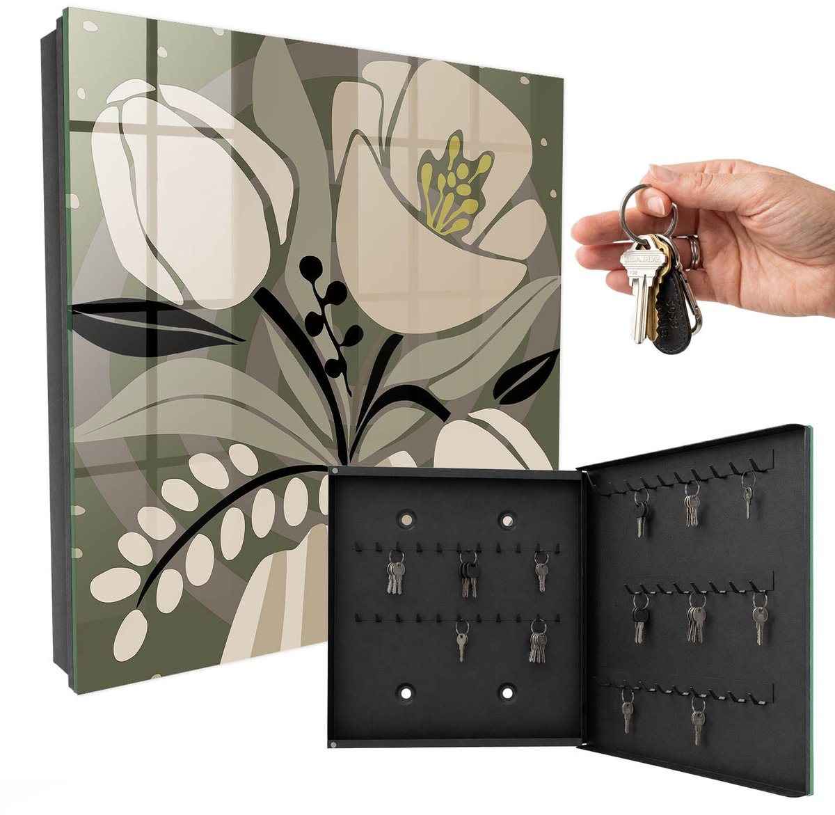 WallMuralia - Sleutelkast - 30x30x5 cm - met 50 haken - Beige Bloemen Sleutelkastje Design - Beige Sleutelbox - Rechtsopenend - Zwart interieur