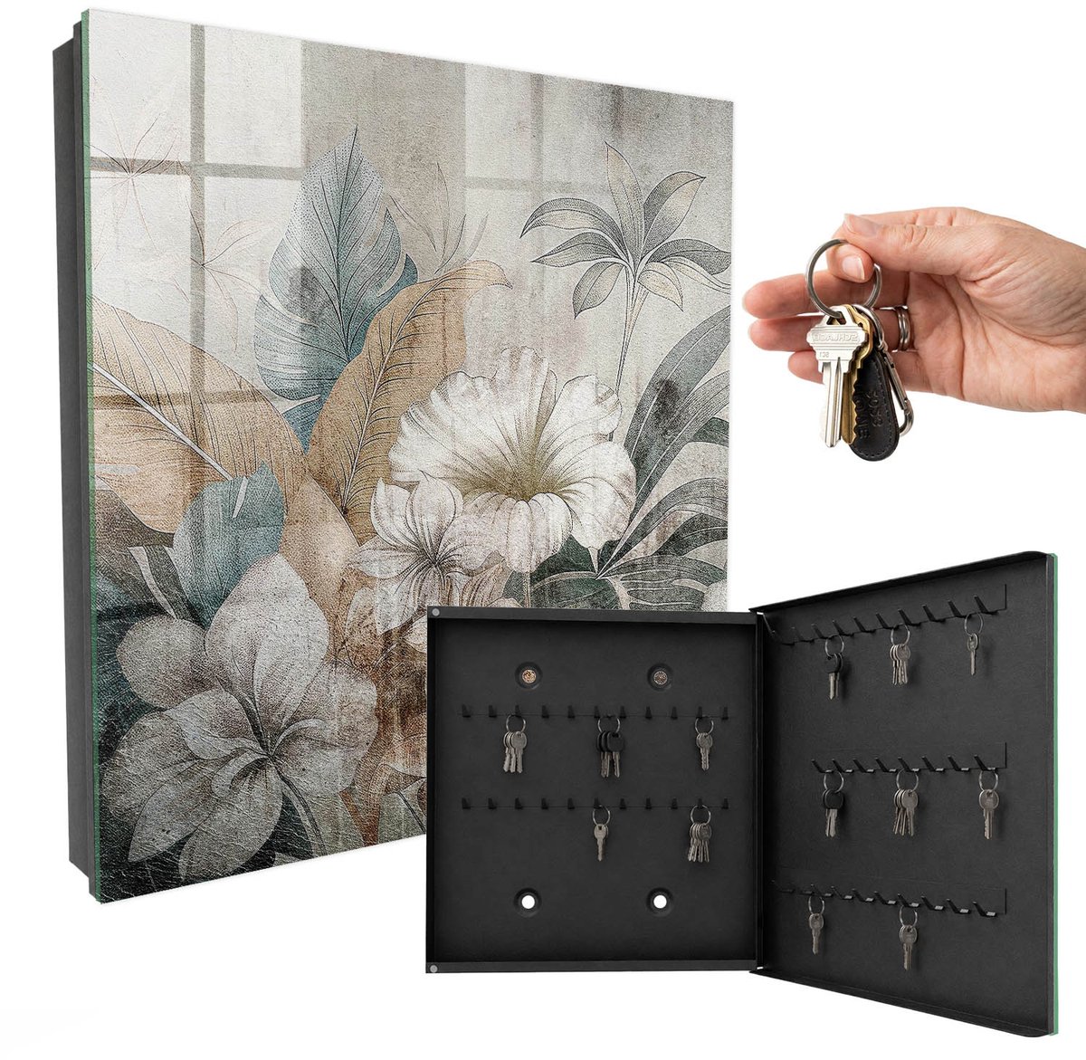WallMuralia - Sleutelkast - 30x30x5 cm - met 50 haken - Bloemen Natuur Leuk Sleutelkastje - Beige Sleutelbox - Rechtsopenend - Zwart interieur