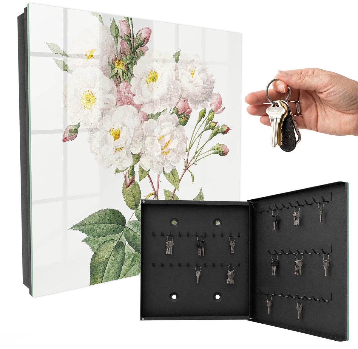 WallMuralia - Sleutelkast - 30x30x5 cm - met 50 haken - Bloemenpracht Sleutelkastje Design - Wit Sleutelbox - Rechtsopenend - Zwart interieur