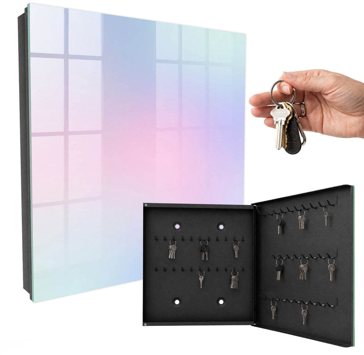 WallMuralia - Sleutelkast - 30x30x5 cm - met 50 haken - Pastel Harmonie Sleutelkastje Modern - Roze Sleutelbox - Rechtsopenend - Zwart interieur