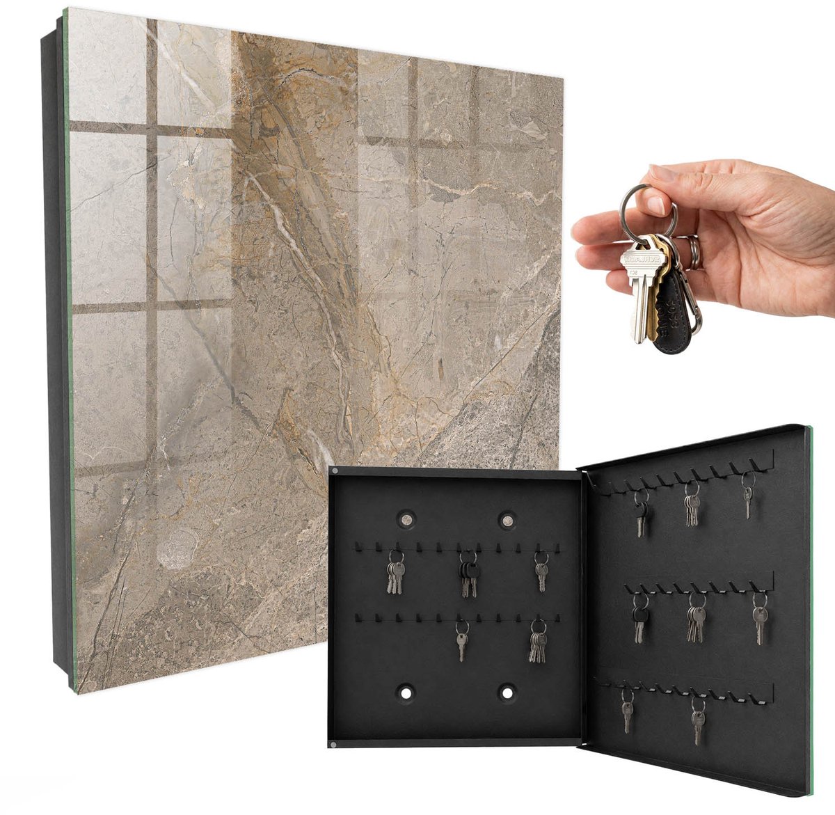 WallMuralia - Sleutelkast - 30x30x5 cm - met 50 haken - Natuurlijke Structuur Sleutelkastje Design - Grijs Sleutelbox - Rechtsopenend - Zwart interieur