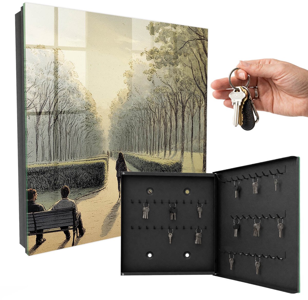 WallMuralia - Sleutelkast - 30x30x5 cm - met 50 haken - Een Wandeling In Het Park Design Sleutelkastje - Groente Sleutelbox - Rechtsopenend - Zwart interieur