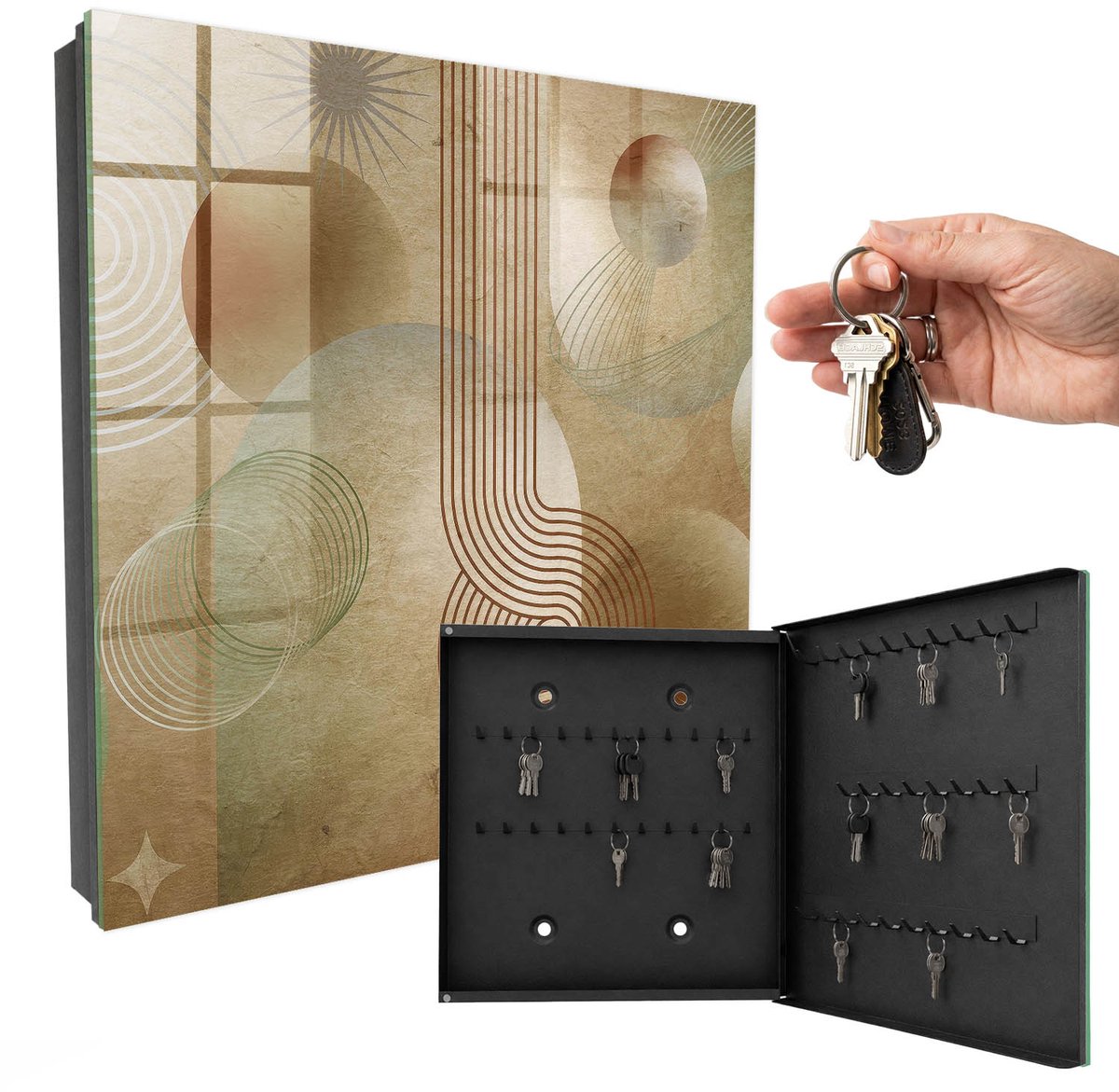 WallMuralia - Sleutelkast - 30x30x5 cm - met 50 haken - Geometrische Vormen Sleutelkastje Voor Binnen - Beige Sleutelbox - Rechtsopenend - Zwart interieur