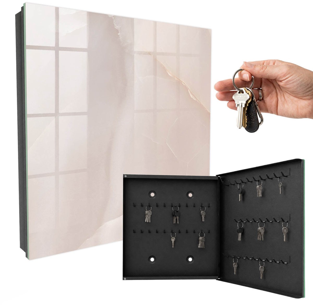 WallMuralia - Sleutelkast - 30x30x5 cm - met 50 haken - Elegante Textuur Sleutelkastje Modern - Beige Sleutelbox - Rechtsopenend - Zwart interieur