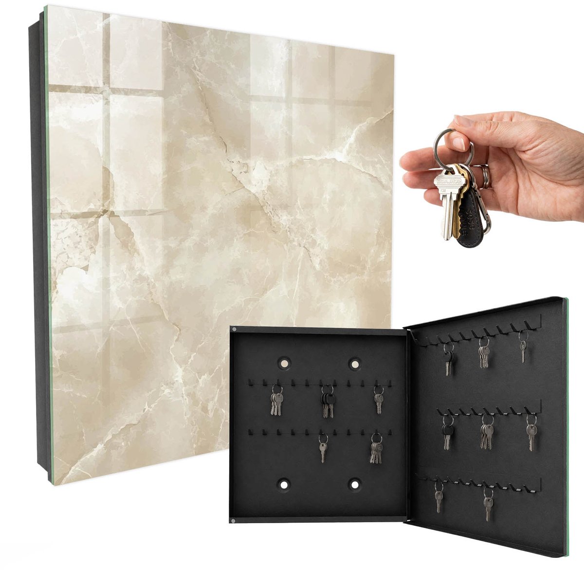WallMuralia - Sleutelkast - 30x30x5 cm - met 50 haken - Beige Marmer Sleutelkastje Klein - Beige Sleutelbox - Rechtsopenend - Zwart interieur