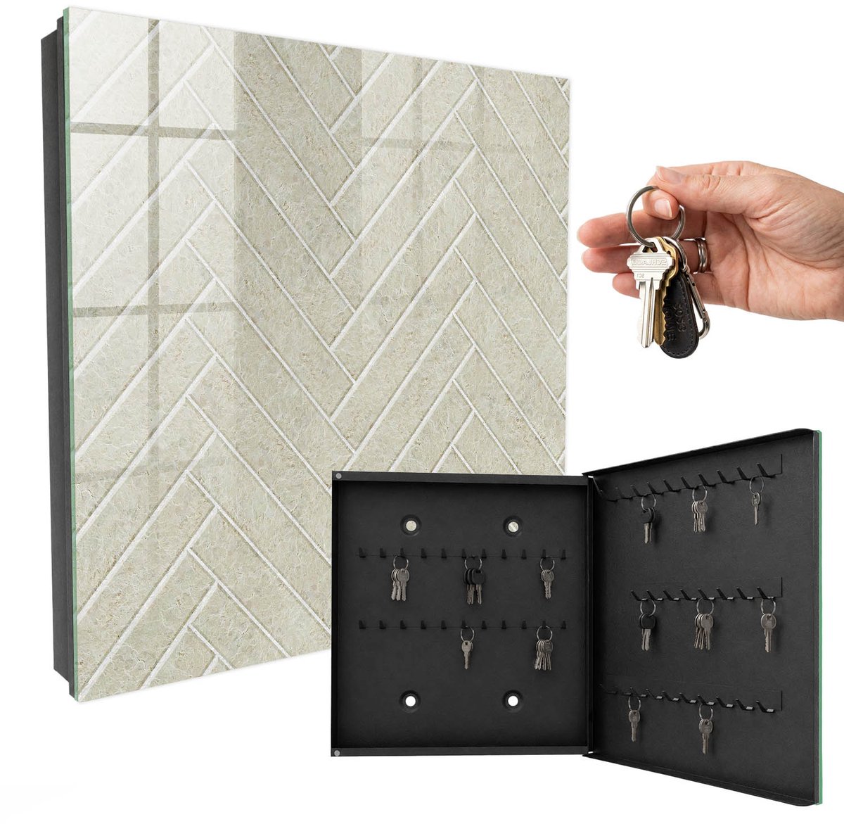 WallMuralia - Sleutelkast - 30x30x5 cm - met 50 haken - Beige Visgraatmotief Sleutelkastje Landelijk - Beige Sleutelbox - Rechtsopenend - Zwart interieur