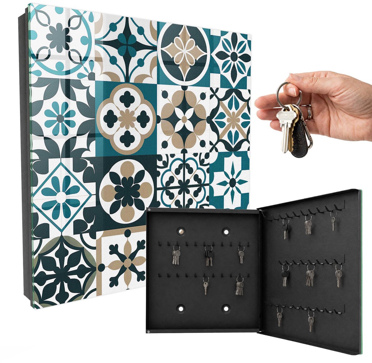 WallMuralia - Sleutelkast - 30x30x5 cm - met 50 haken - Marokkaanse Tegels Design Sleutelkastje - Turkoois Sleutelbox - Rechtsopenend - Zwart interieur