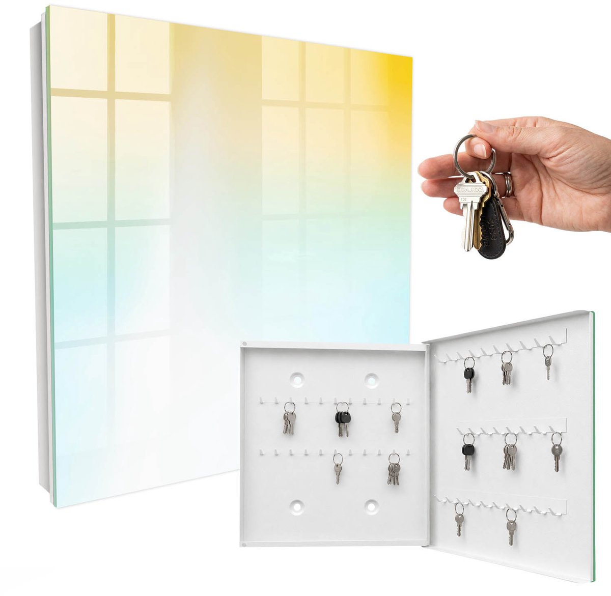 WallMuralia - Sleutelkast - 30x30x5 cm - met 50 haken - Zachte Kleuren Sleutelkastje Hal - Geel Sleutelbox - Rechtsopenend - Wit interieur