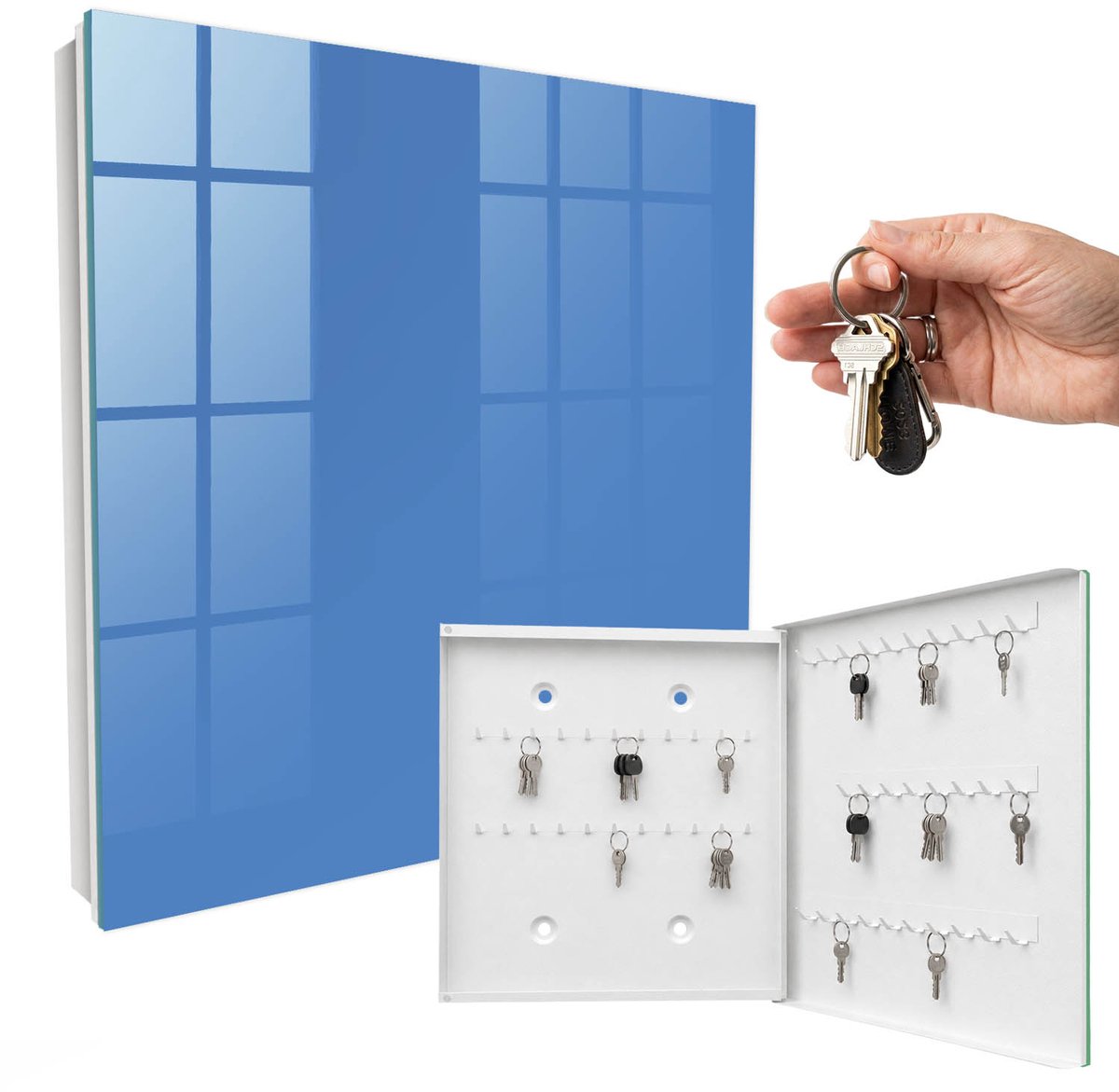 WallMuralia - Sleutelkast - 30x30x5 cm - met 50 haken - Blauwe Kleur Sleutelkastje Industrieel - Blauw Sleutelbox - Rechtsopenend - Wit interieur