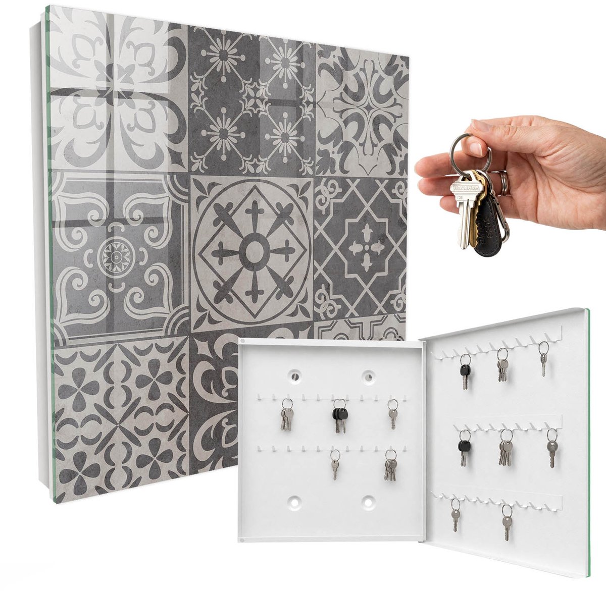 WallMuralia - Sleutelkast - 30x30x5 cm - met 50 haken - Mozaïek Van Patronen Sleutelkastje Huis - Grijs Sleutelbox - Rechtsopenend - Wit interieur