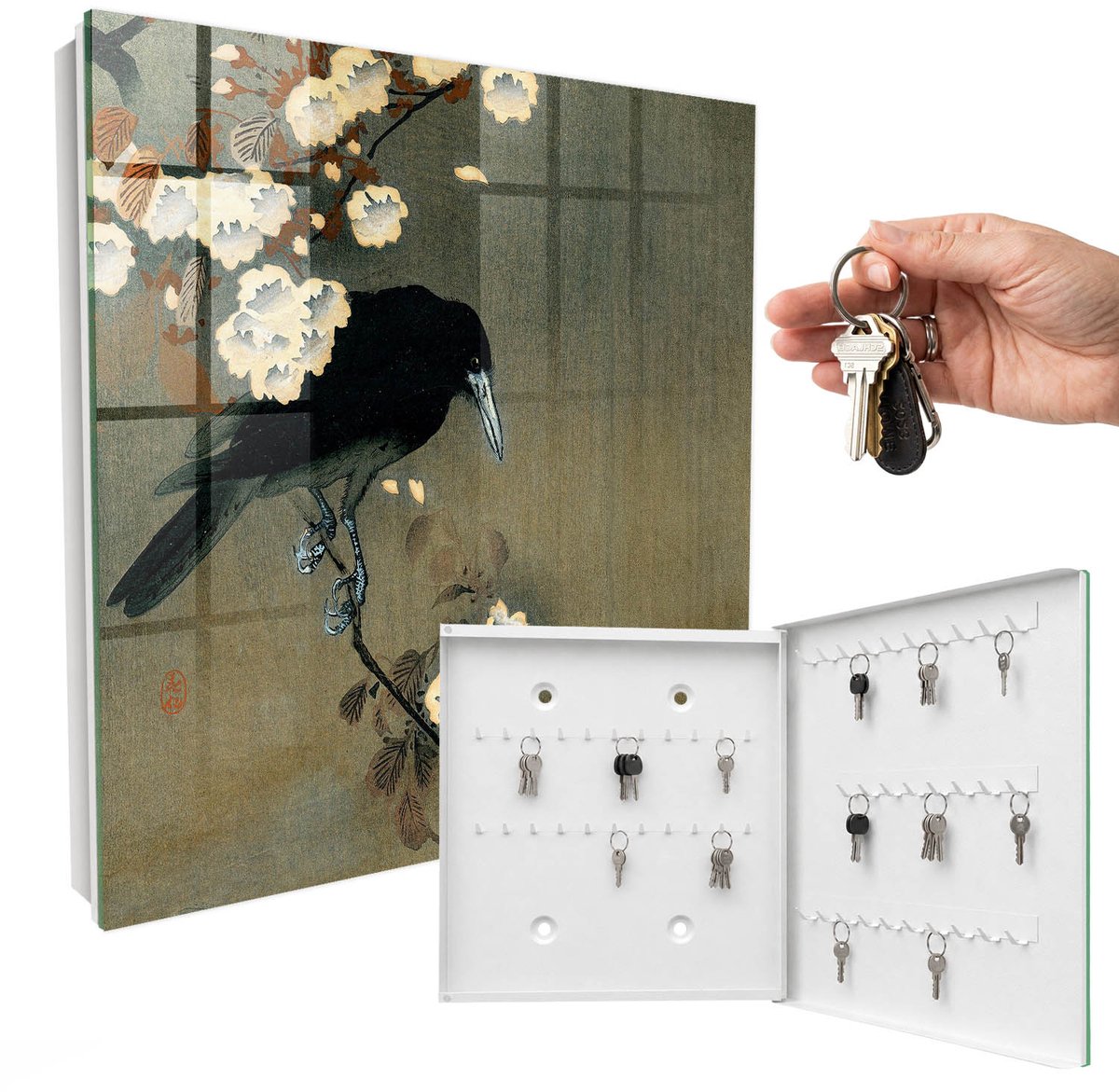 WallMuralia - Sleutelkast - 30x30x5 cm - met 50 haken - Ohara Koson De Kraai En De Kersenbloesems Leuk Sleutelkastje - Zwart Sleutelbox - Rechtsopenend - Wit interieur