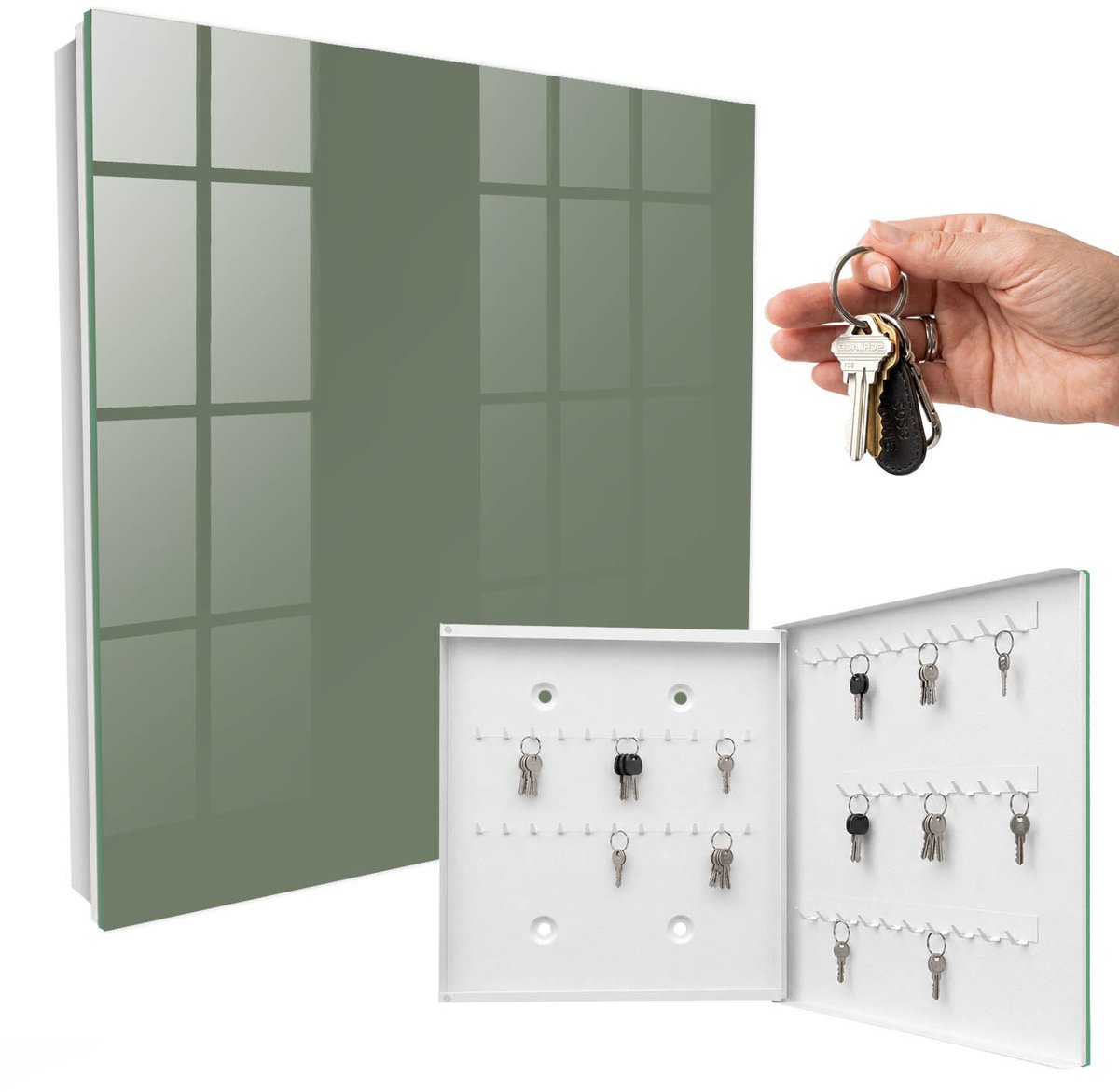 WallMuralia - Sleutelkast - 30x30x5 cm - met 50 haken - Donkere Salie Sleutelkastje Klein - Groente Sleutelbox - Rechtsopenend - Wit interieur
