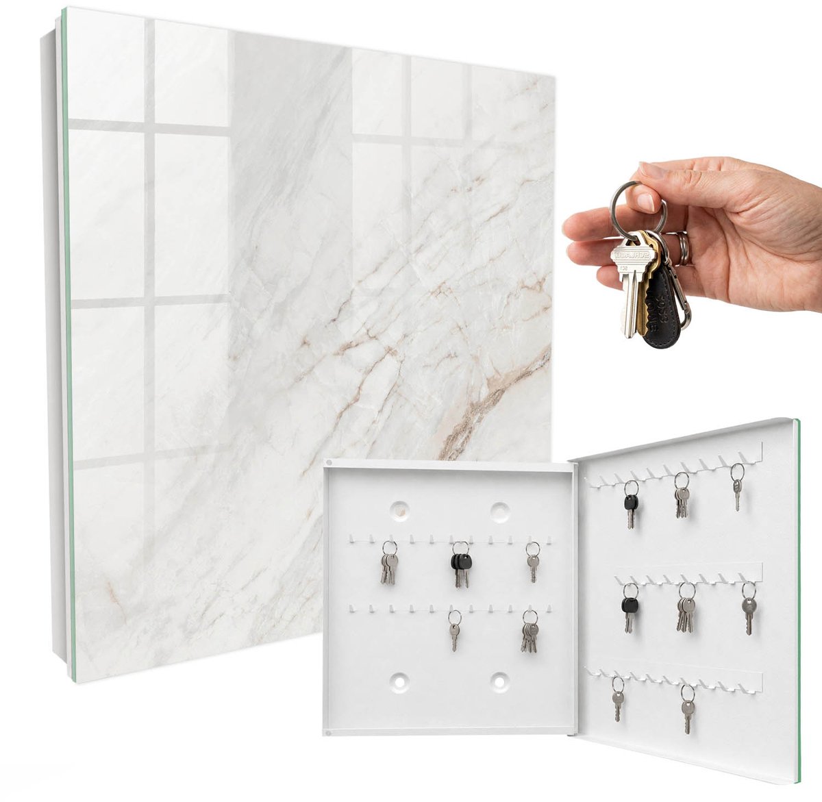 WallMuralia - Sleutelkast - 30x30x5 cm - met 50 haken - Crème Patroon Sleutelkastje Voor Binnen - Romig Sleutelbox - Rechtsopenend - Wit interieur