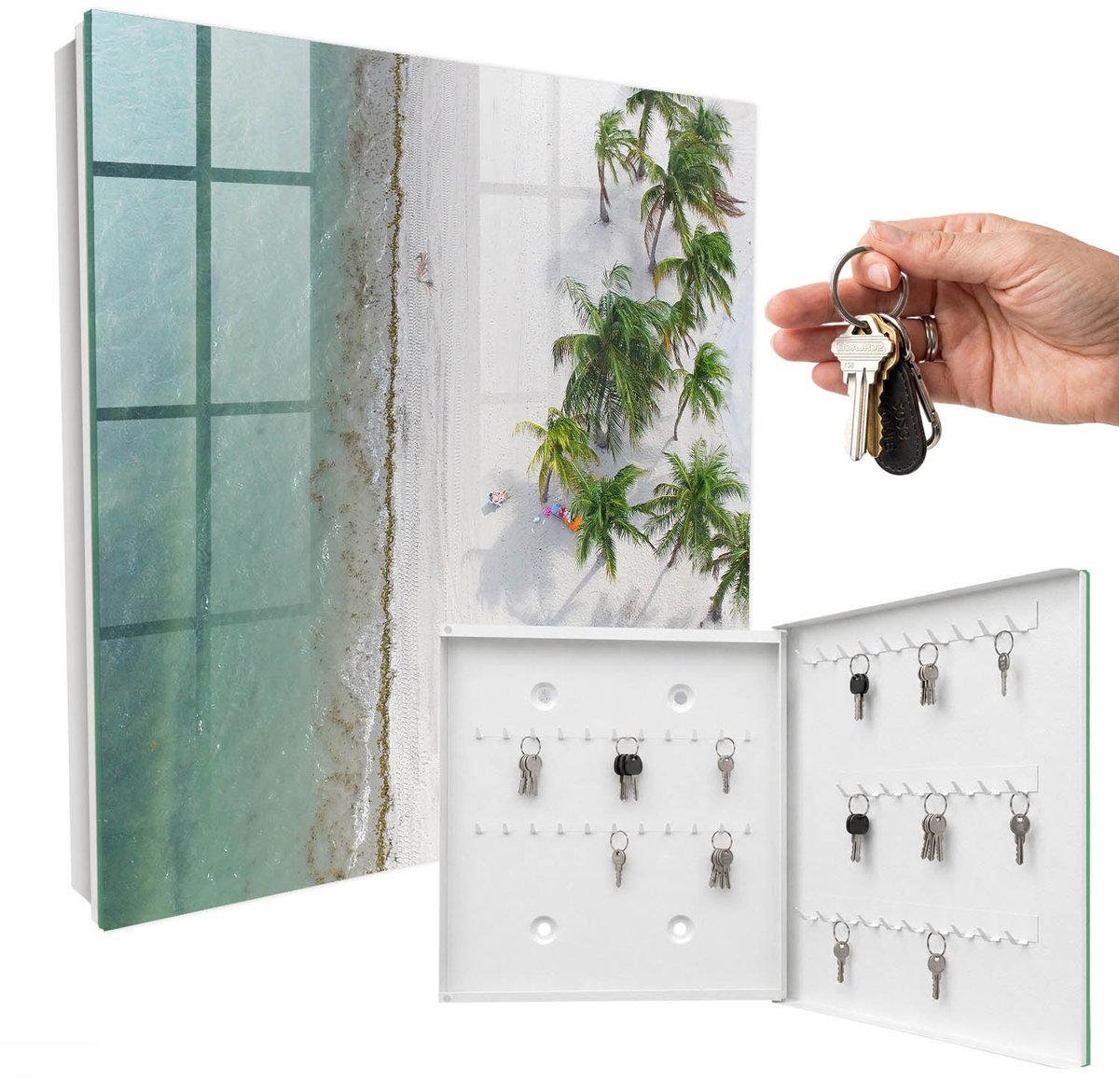 WallMuralia - Sleutelkast - 30x30x5 cm - met 50 haken - Tropisch Strand Sleutelkastje Muur - Wit Sleutelbox - Rechtsopenend - Wit interieur