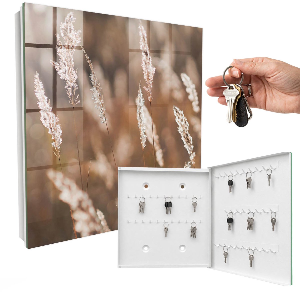 WallMuralia - Sleutelkast - 30x30x5 cm - met 50 haken - Grassen In De Weide Sleutelkastje Gang - Beige Sleutelbox - Rechtsopenend - Wit interieur