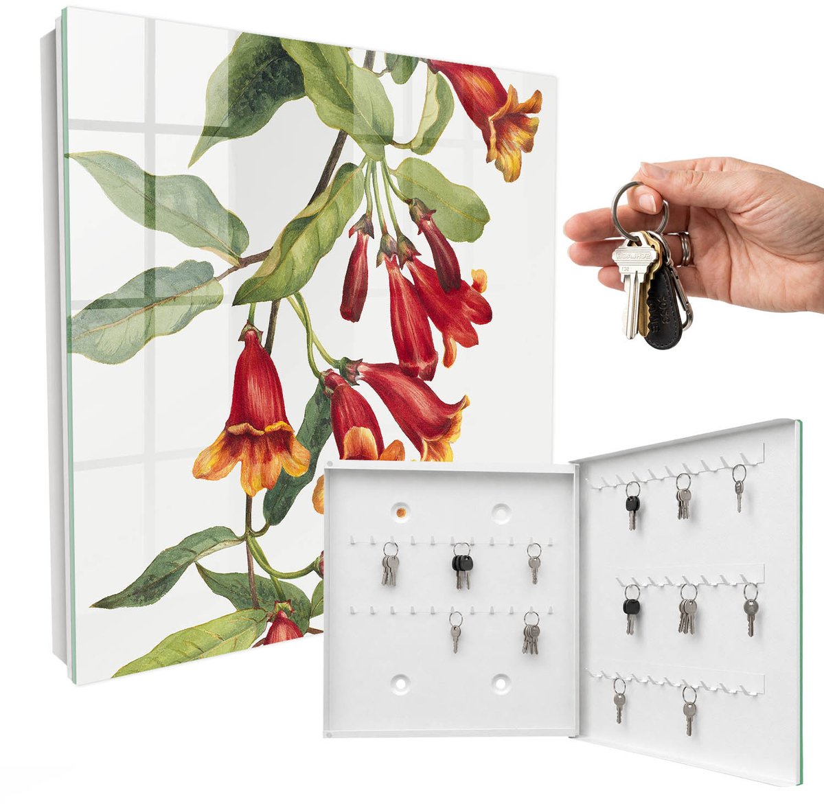 WallMuralia - Sleutelkast - 30x30x5 cm - met 50 haken - Rode Bloemen Sleutelkastje Gang - Rood Sleutelbox - Rechtsopenend - Wit interieur