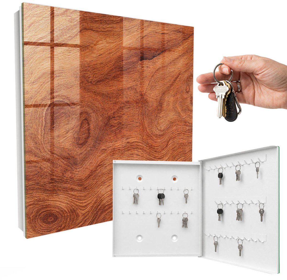 WallMuralia - Sleutelkast - 30x30x5 cm - met 50 haken - Houtstructuur Sleutelkastje - Bruin Sleutelbox - Rechtsopenend - Wit interieur