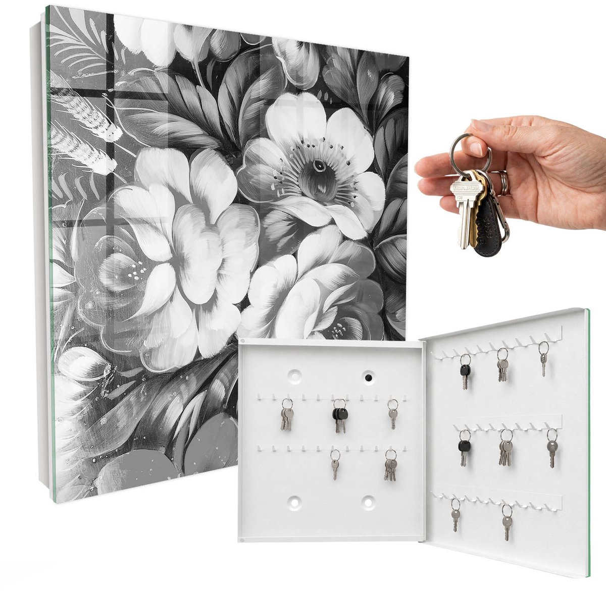 WallMuralia - Sleutelkast - 30x30x5 cm - met 50 haken - Monochromatische Bloemen Sleutelkastje Industrieel - Grijs Sleutelbox - Rechtsopenend - Wit interieur