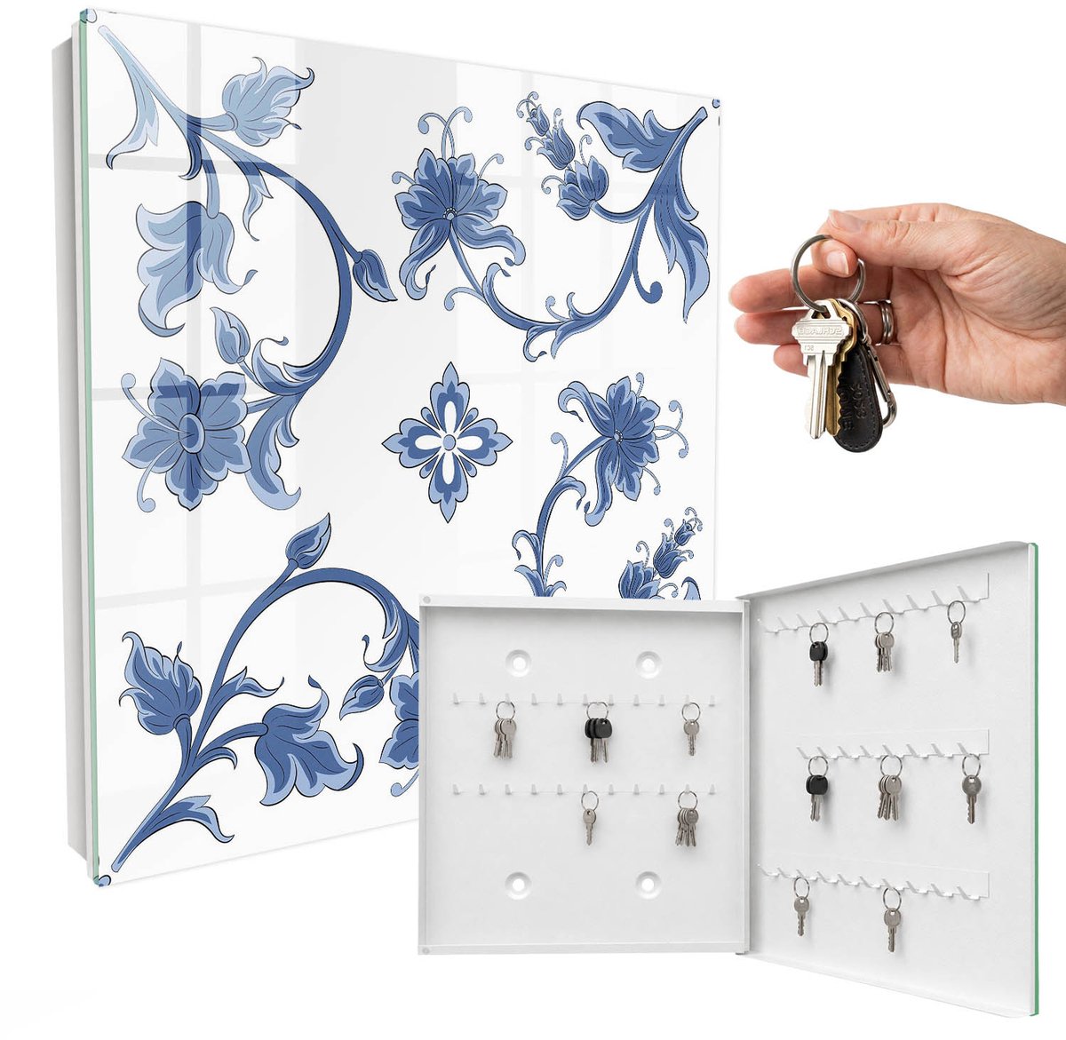 WallMuralia - Sleutelkast - 30x30x5 cm - met 50 haken - Bloemmotieven Sleutelkastje Gang - Blauw Sleutelbox - Rechtsopenend - Wit interieur