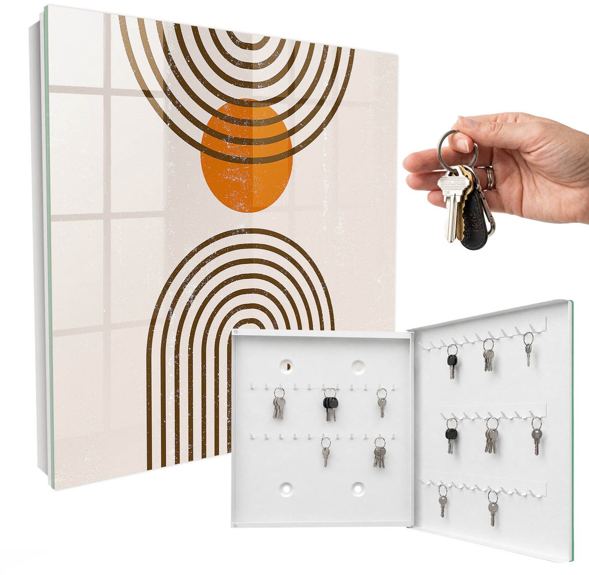 WallMuralia - Sleutelkast - 30x30x5 cm - met 50 haken - Retro Geometrie Sleutelkastje Industrieel - Bruin Sleutelbox - Rechtsopenend - Wit interieur