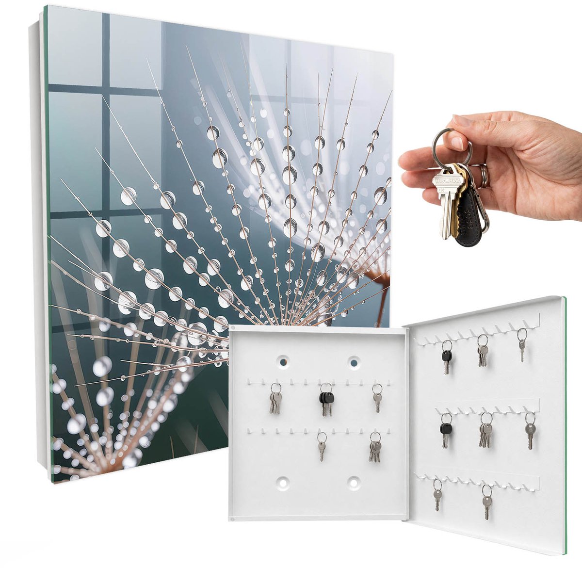 WallMuralia - Sleutelkast - 30x30x5 cm - met 50 haken - Waterdruppels Sleutelkastje Industrieel - Wit Sleutelbox - Rechtsopenend - Wit interieur