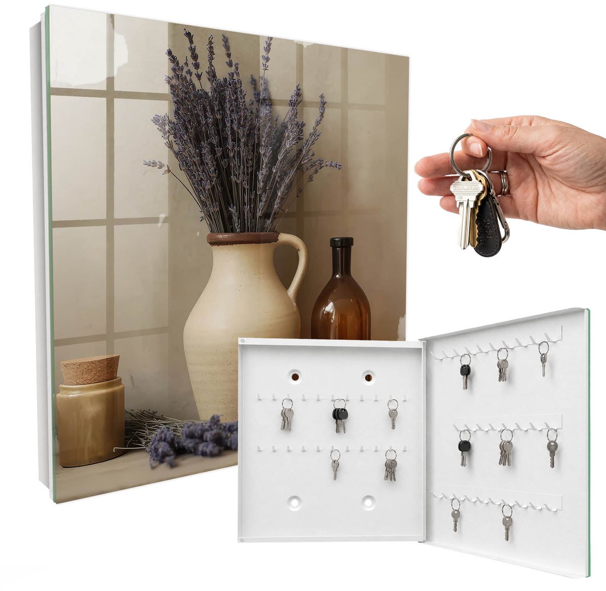 WallMuralia - Sleutelkast - 30x30x5 cm - met 50 haken - Lavendelvaas Sleutelkastje Binnen - Beige Sleutelbox - Rechtsopenend - Wit interieur